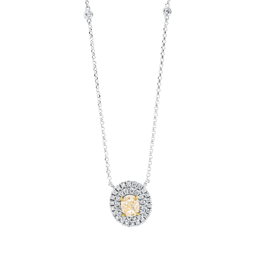 Collier 18 kt WG+GG, mit ZÖ 38 cm, 40.5 cm, 40 Brill. 0,27 ct, TW-si, 1 Oval 0,75 ct, gelb