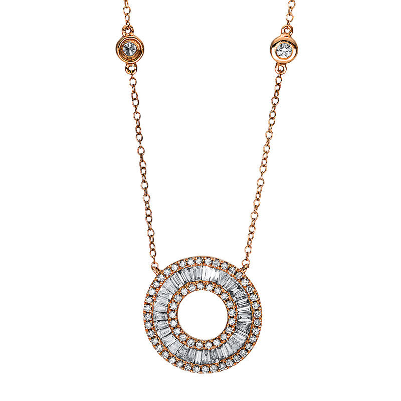 Collier 18 kt RG, mit ZÖ 38 cm + 40,6 cm, 26 Trap. 0,55 ct, TW-si, 11 Bag. 0,18 ct, TW-si, 63 Brill. 0,31 ct, TW-si