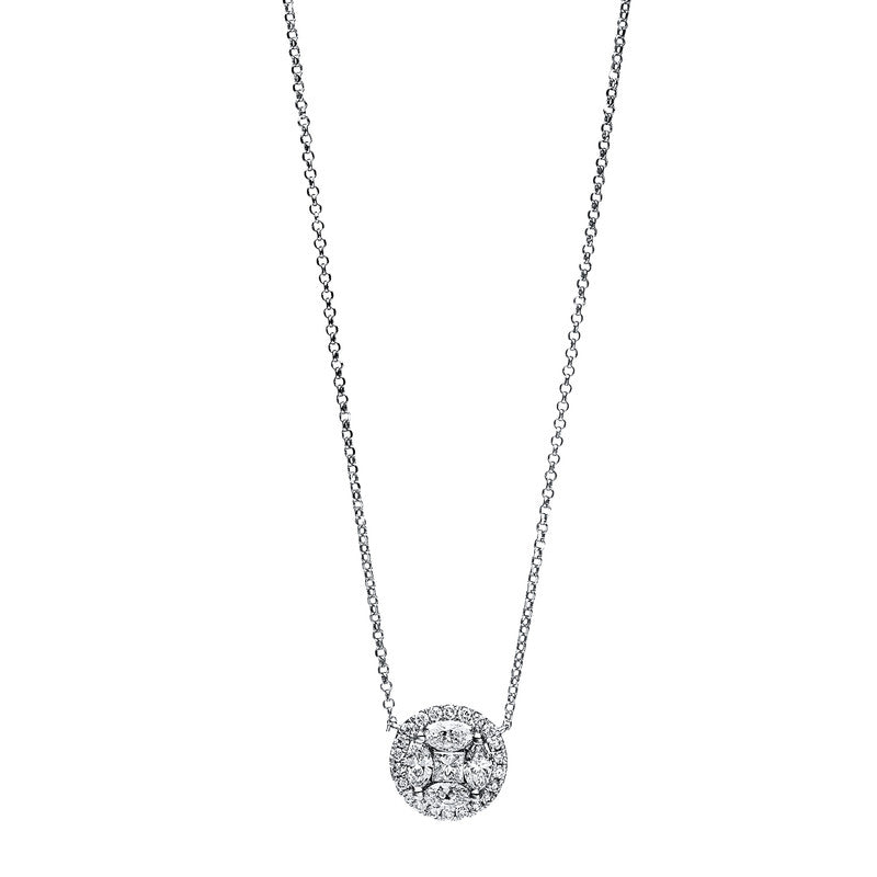 Collier 18 kt WG, mit ZÖ 38cm,40.4 cm, 1 Princ. 0,09 ct, TW-si, 4 Nav. 0,38 ct, TW-si, 22 Brill. 0,14 ct, TW-si