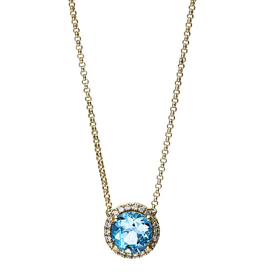 Collier 18 kt GG, mit ZÖ 40,6 cm, 22 Brill. 0,10 ct, TW-si, 1 Topas 1,70 ct blau