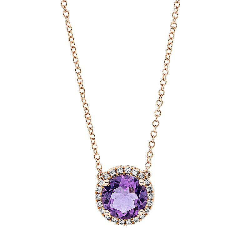 Collier 18 kt RG, mit ZÖ 40,6 cm, 22 Brill. 0,10 ct, TW-si, 1 Amethyst 1,30 ct lila