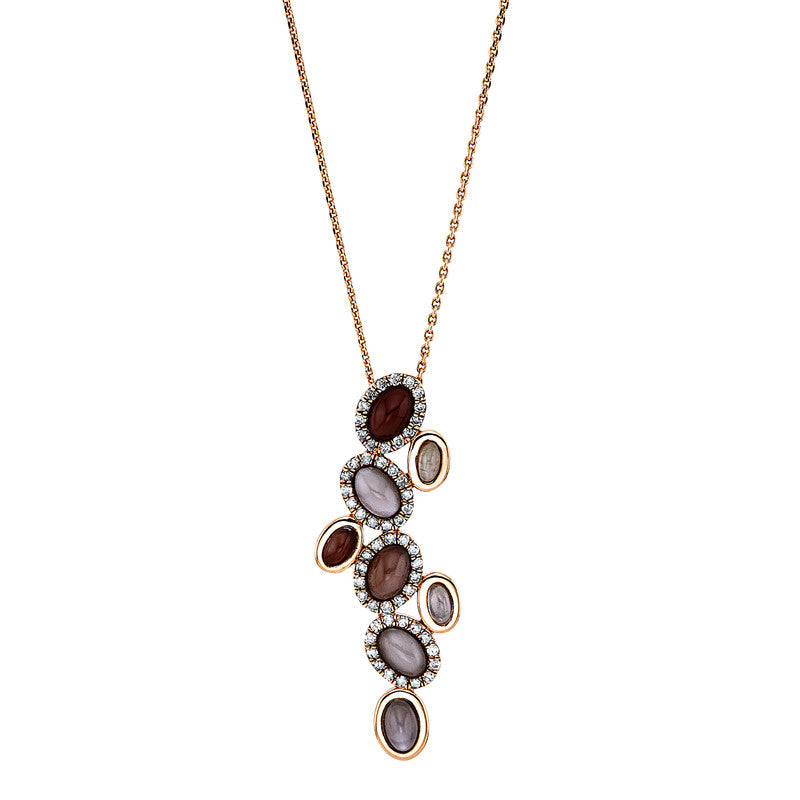 Collier 18 kt RG, 2 Brill. 0,05 ct, TW-vsi, 5 Mondsteine multicolor