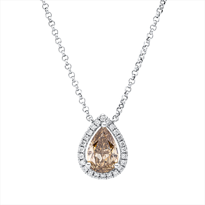 Collier 18 kt WG, 28 Brill. 0,13 ct, TW-si, 1 Tropfen 0,64 ct, gelb