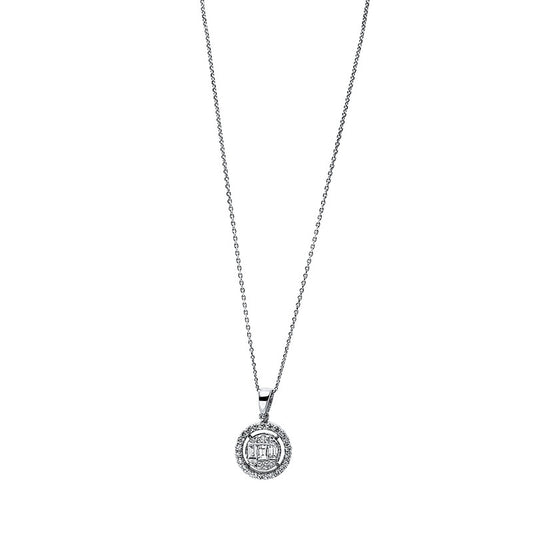 Collier 18 kt WG, mit Öse, 3 Bag. 0,13 ct, TW-si, 28 Brill. 0,13 ct, TW-si