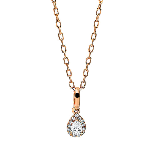 Collier 14 kt RG, mit ZÖ 40 cm + 43 cm, 1 Tropfen 0,10 ct, TW-vsi, 13 Brill. 0,03 ct, W-si