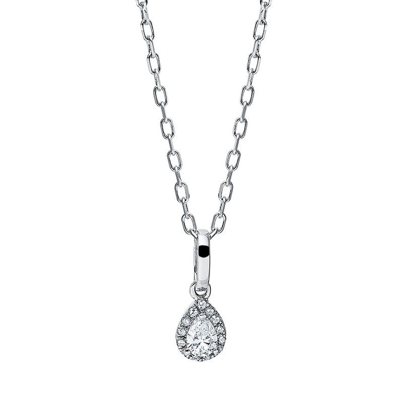 Collier 18 kt WG, mit ZÖ 40 cm + 43 cm, 1 Tropfen 0,11 ct, TW-vsi, 13 Dia. 0,03 ct, W-si