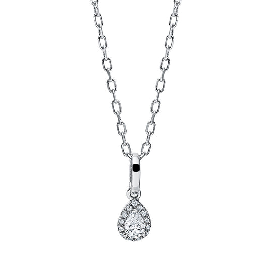 Collier 18 kt WG, mit ZÖ 40 cm + 43 cm, 1 Tropfen 0,11 ct, TW-vsi, 13 Dia. 0,03 ct, W-si