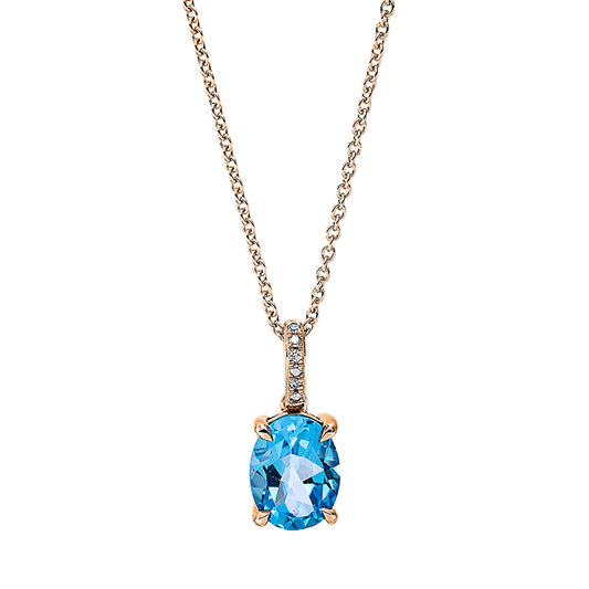 Collier 18 kt RG, mit ZÖ 40 cm + 43 cm, 3 Dia. 0,01 ct, TW-si, 1 Topas 1,84 ct blau