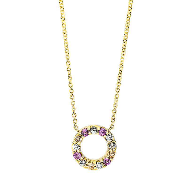 Collier 18 kt GG, mit ZÖ 40 cm + 42.5 cm, 3 Brill. 0,07 ct, TW-si, 10 Saphire 0,28 ct multicolor