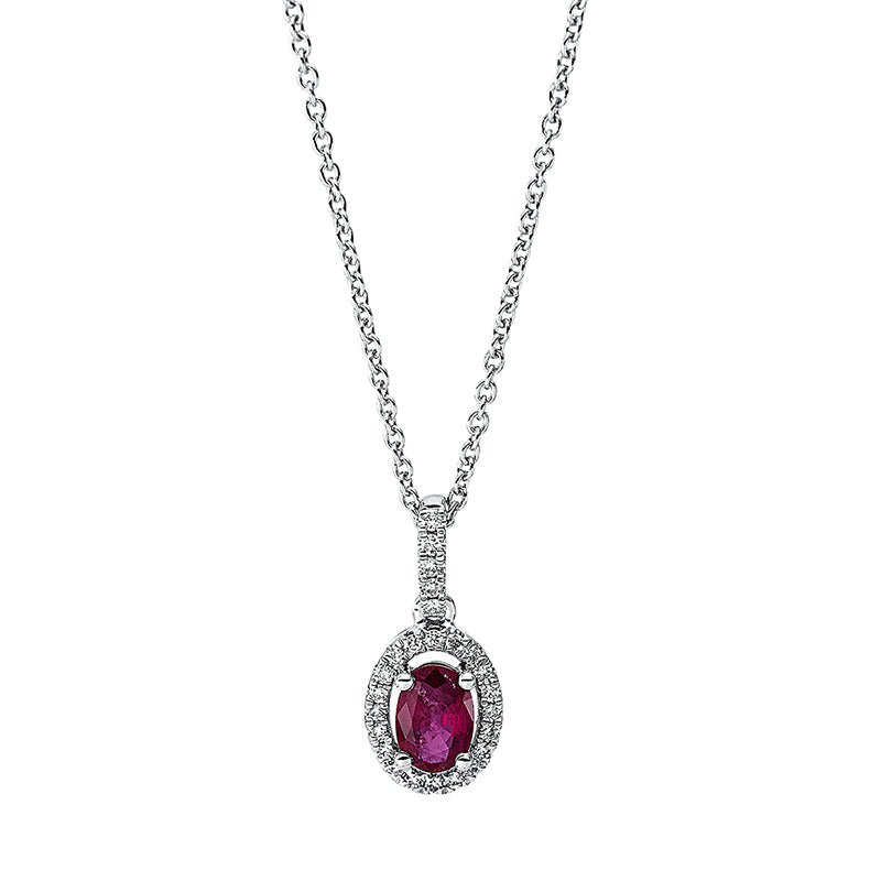 Collier 18 kt WG, mit ZÖ 40 cm + 42.5 cm, 25 Brill. 0,11 ct, TW-si, 1 Rubin 0,47 ct rot