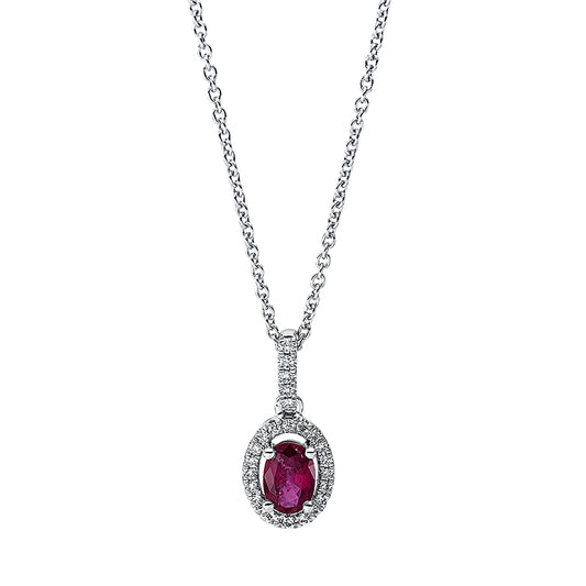 Collier 18 kt WG, mit ZÖ 40 cm + 42.5 cm, 25 Brill. 0,11 ct, TW-si, 1 Rubin 0,47 ct rot