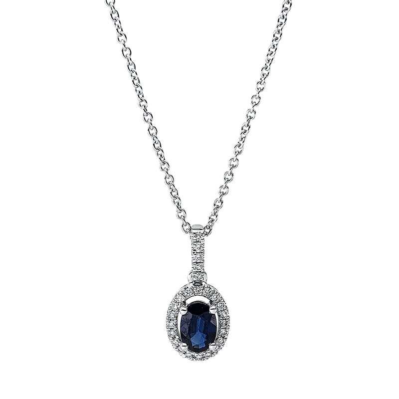 Collier 18 kt WG, mit ZÖ 40 cm + 42.5 cm, 25 Brill. 0,10 ct, TW-si, 1 Saphir 0,47 ct blau