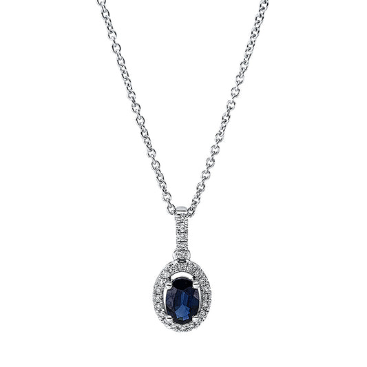 Collier 18 kt WG, mit ZÖ 40 cm + 42.5 cm, 25 Brill. 0,10 ct, TW-si, 1 Saphir 0,47 ct blau