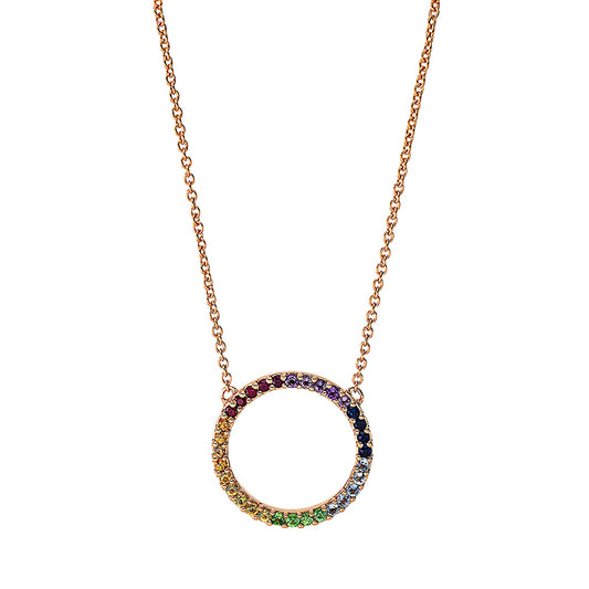 Collier 18 kt RG, mit ZÖ 42 cm, 32 Saphire 0,35 ct multicolor