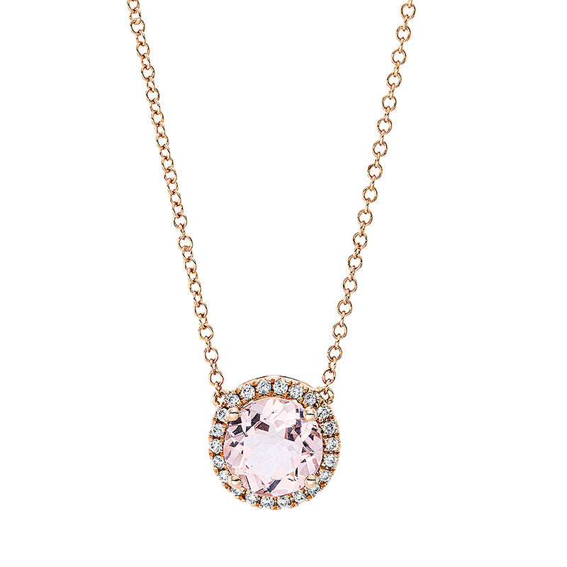 Collier 18 kt RG, mit ZÖ 40,6 cm, 22 Brill. 0,10 ct, TW-si, 1 Morganit 1,40 ct rosa