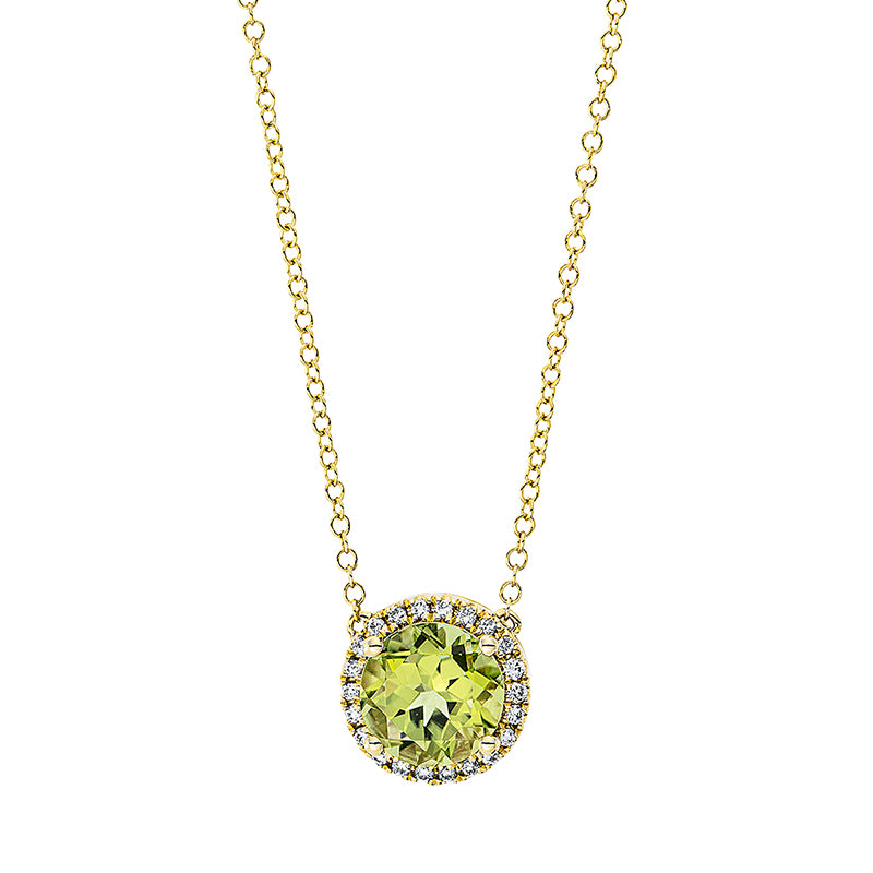 Collier 18 kt GG, mit ZÖ 40,6 cm, 22 Brill. 0,10 ct, TW-si, 1 Peridot 1,70 ct grün