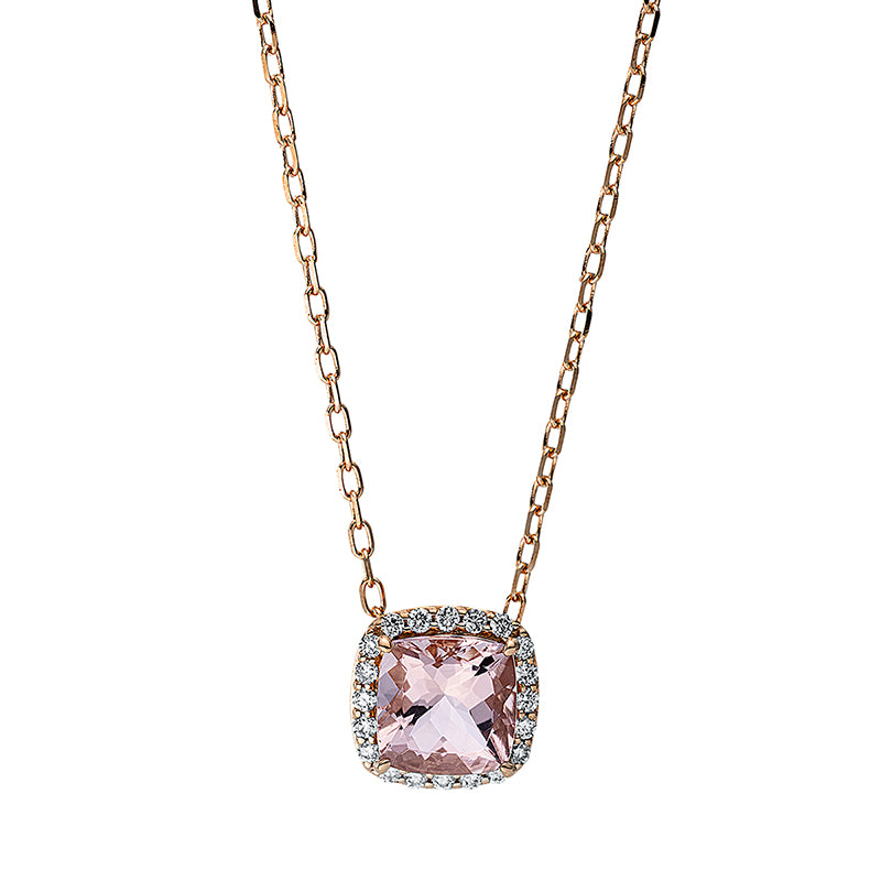 Collier 18 kt RG, mit ZÖ 40 cm + 43 cm, 20 Brill. 0,10 ct, TW-si, 1 Morganit 0,86 ct rosé