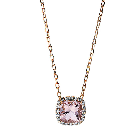 Collier 18 kt RG, mit ZÖ 40 cm + 43 cm, 20 Brill. 0,10 ct, TW-si, 1 Morganit 0,86 ct rosé