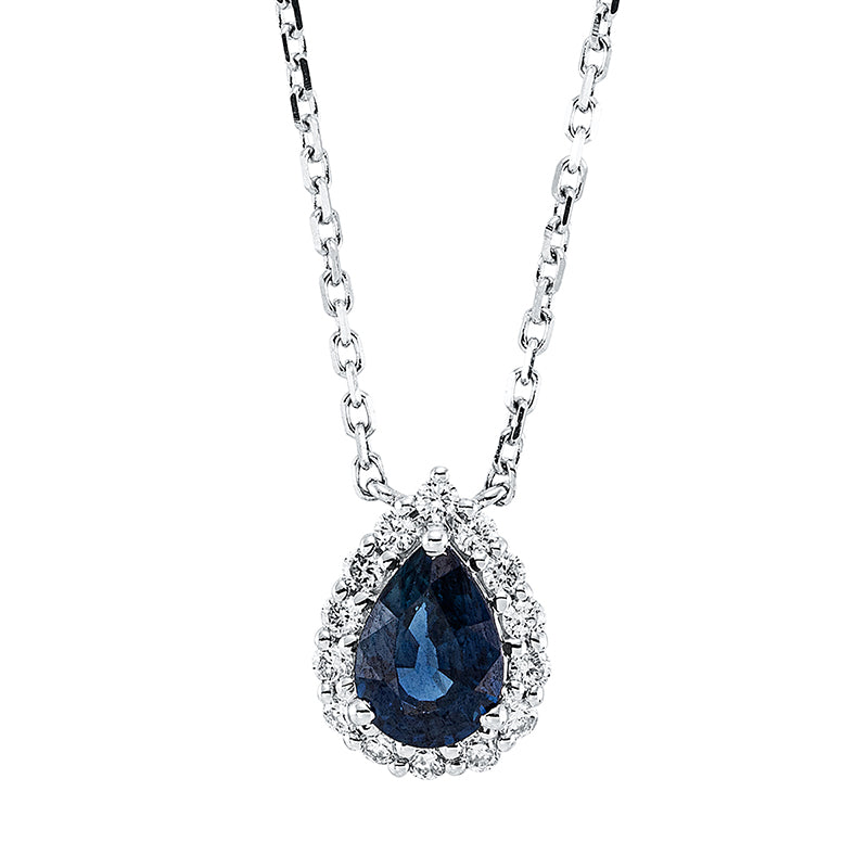 Collier 18 kt WG, mit ZÖ 40 cm + 43 cm, 14 Brill. 0,20 ct, TW-si, 1 Saphir 0,86 ct blau