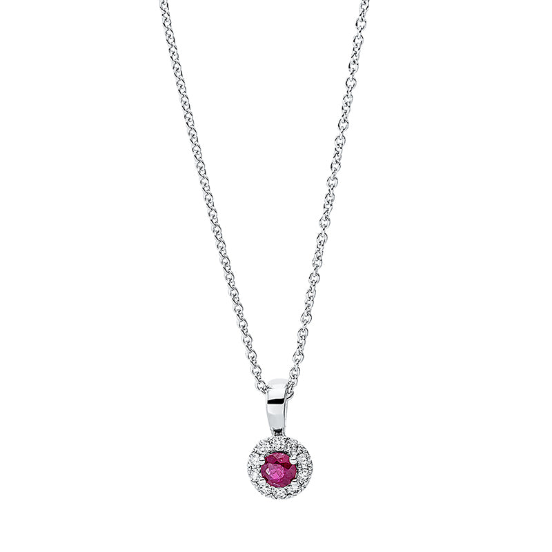 Collier 18 kt WG, mit Öse, 10 Brill. 0,07 ct, TW-si, 1 Rubin 0,13 ct rot