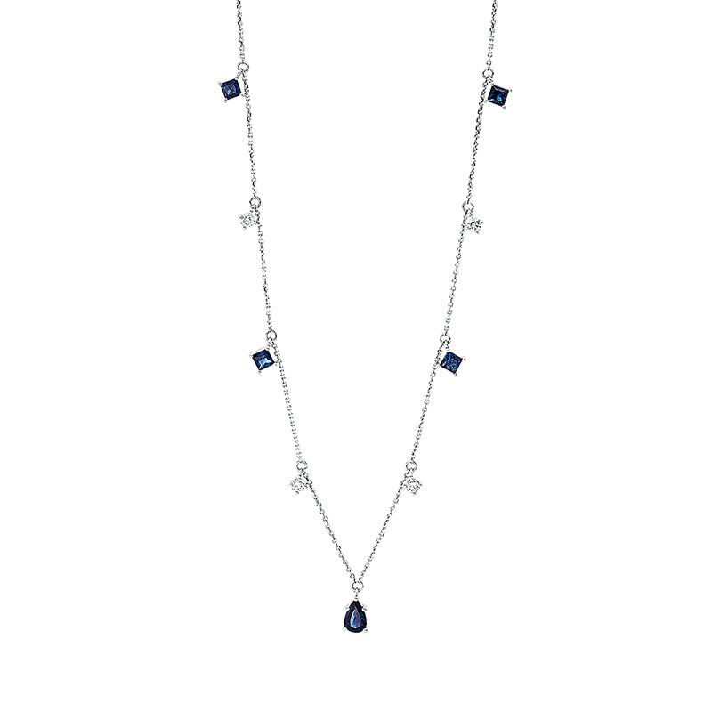 Collier 18 kt WG, mit ZÖ 42cm, 43cm, 44cm, 4 Brill. 0,20 ct, W-si, 5 Saphire 0,95 ct blau