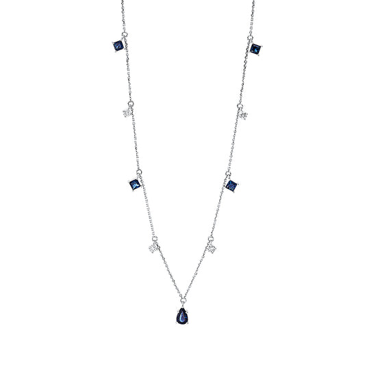 Collier 18 kt WG, mit ZÖ 42cm, 43cm, 44cm, 4 Brill. 0,20 ct, W-si, 5 Saphire 0,95 ct blau