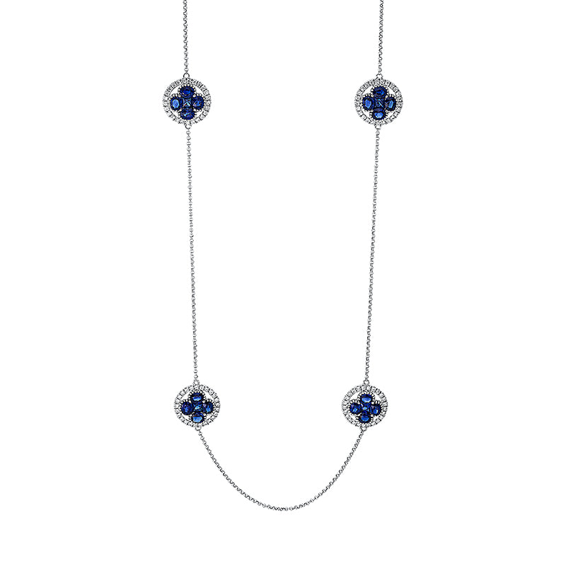 Collier 18 kt WG, 168 Brill. 1,10 ct, TW-vsi/si, 7 Saphire 1,75 ct blau, 28 Saphire 6,01 ct blau