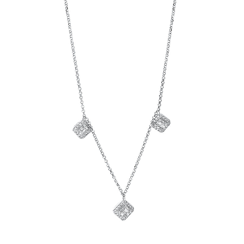 Collier 18 kt WG, mit ZÖ 38 cm + 40 cm, 18 Bag. 0,11 ct, TW-si, 64 Brill. 0,13 ct, TW-si