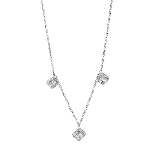 Collier 18 kt WG, mit ZÖ 38 cm + 40 cm, 18 Bag. 0,11 ct, TW-si, 64 Brill. 0,13 ct, TW-si