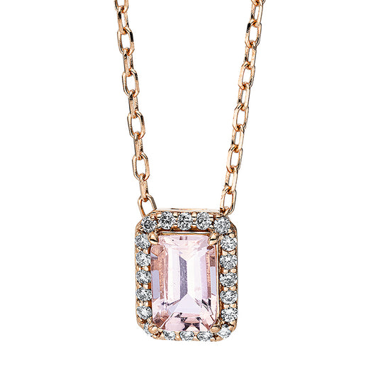 Collier 18 kt RG, mit ZÖ 40 cm + 43 cm, 20 Brill. 0,09 ct, TW-si, 1 Morganit 0,45 ct pink