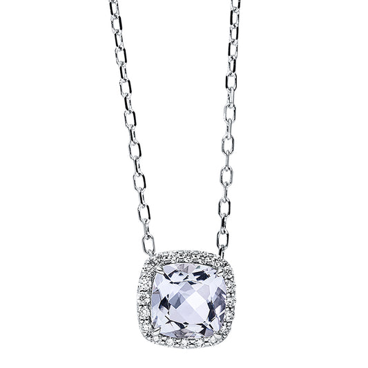 Collier 18 kt WG, mit ZÖ 40 cm + 43 cm, 20 Brill. 0,10 ct, TW-si, 1 Amethyst 0,93 ct grün