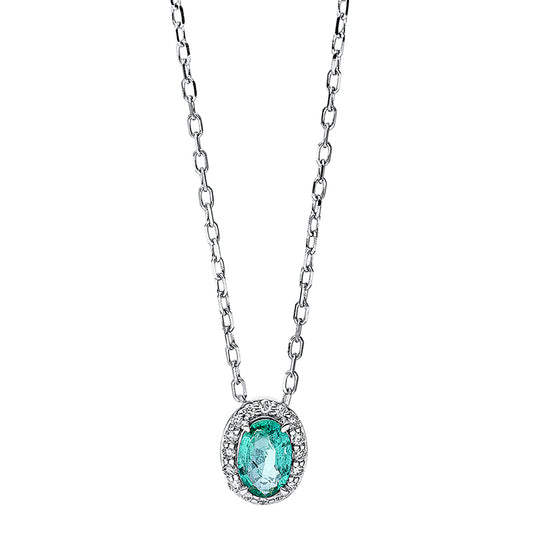 Collier 18 kt WG, mit ZÖ 40 cm + 43 cm, 16 Brill. 0,07 ct, TW-si, 1 Smaragd 0,40 ct grün