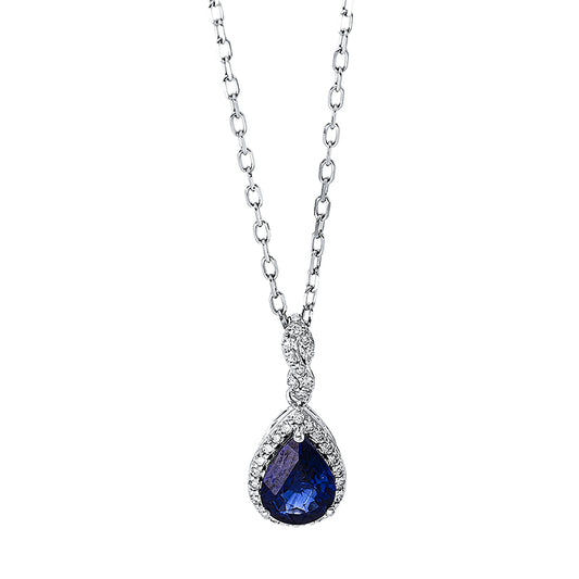 Collier 18 kt WG, mit ZÖ 40 cm + 43 cm, 30 Brill. 0,09 ct, TW-si, 1 Saphir 0,73 ct blau