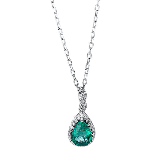 Collier 18 kt WG, mit ZÖ 40 cm + 43 cm, 30 Brill. 0,09 ct, TW-si, 1 Smaragd 0,65 ct grün