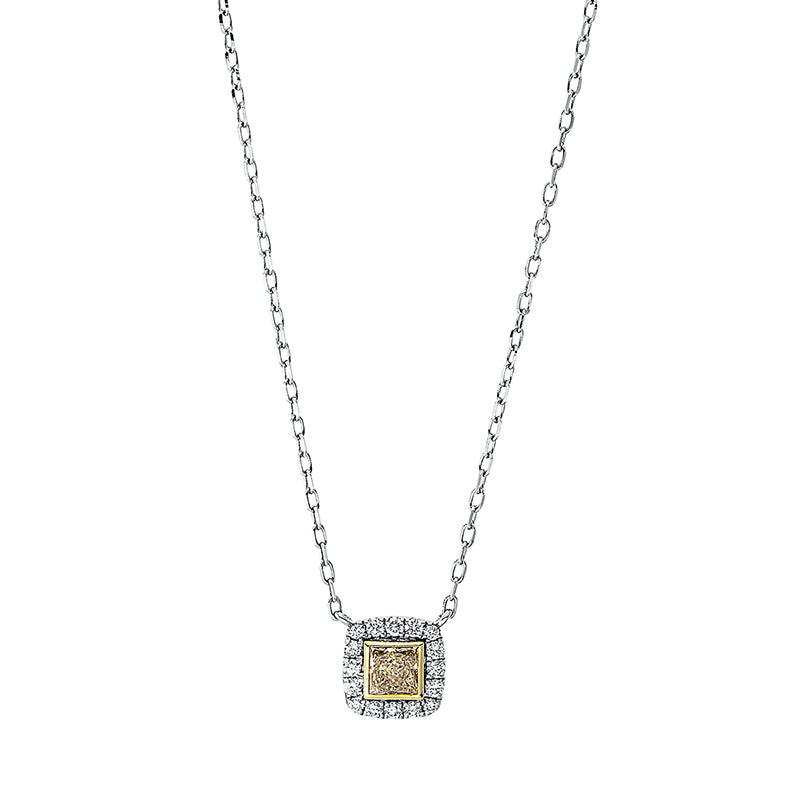 Collier 18 kt WG+GG, Länge variabel, 12 Brill. 0,11 ct, TW-si, 1 Princ. 0,25 ct, gelb-vsi, 12 Brill. 0,11 ct, TW-si