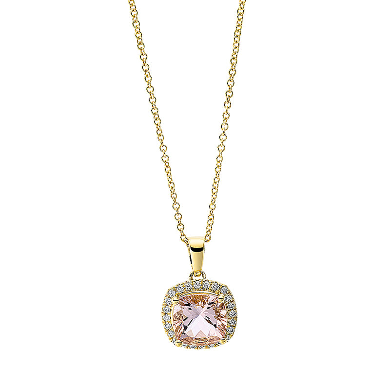 Collier 18 kt GG, mit ZÖ 42 cm, 24 Brill. 0,10 ct, TW-si, 1 Morganit 1,25 ct pink