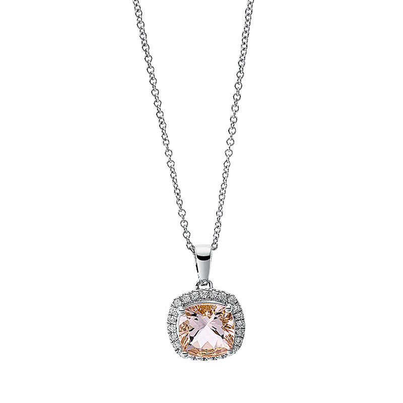 Collier 18 kt WG, mit ZÖ 42 cm, 24 Brill. 0,10 ct, TW-si, 1 Morganit 1,25 ct pink