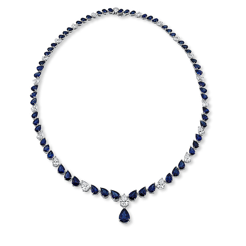 Collier 18 kt WG, 3 GIA, 17 Tropfen 4,53 ct, D-vvs/vs, 61 Saphire 30,18 ct blau, 3 Saphire 2,56 ct blau