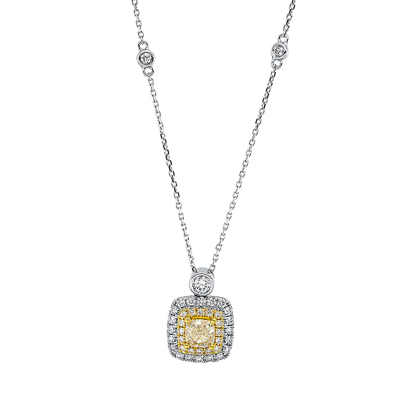 Collier 18 kt WG+GG, mit ZÖ 40 cm + 43 cm, 23 Brill. 0,42 ct, TW-si, 1 Cushion 0,71 ct, gelb, 16 Brill. 0,12 ct, gelb