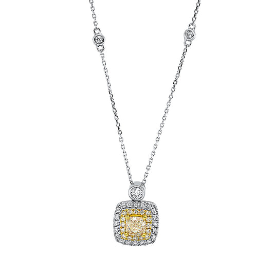 Collier 18 kt WG+GG, mit ZÖ 40 cm + 43 cm, 23 Brill. 0,42 ct, TW-si, 1 Cushion 0,71 ct, gelb, 16 Brill. 0,12 ct, gelb