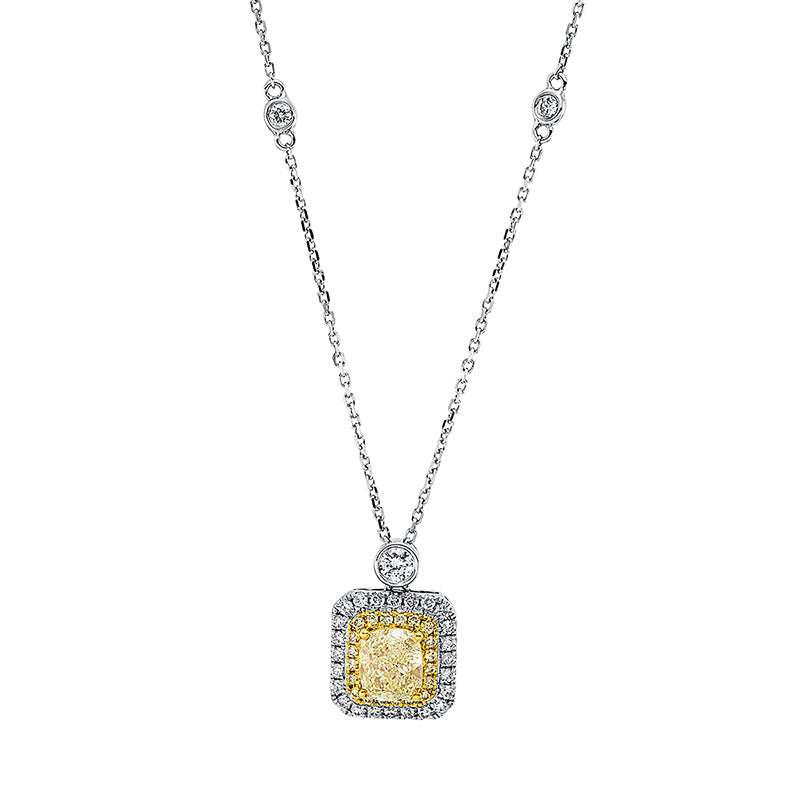 Collier 18 kt WG+GG, mit ZÖ 40 cm + 43 cm, 27 Brill. 0,32 ct, TW-si, 1 Cushion 1,09 ct, gelb, 20 Brill. 0,11 ct, gelb