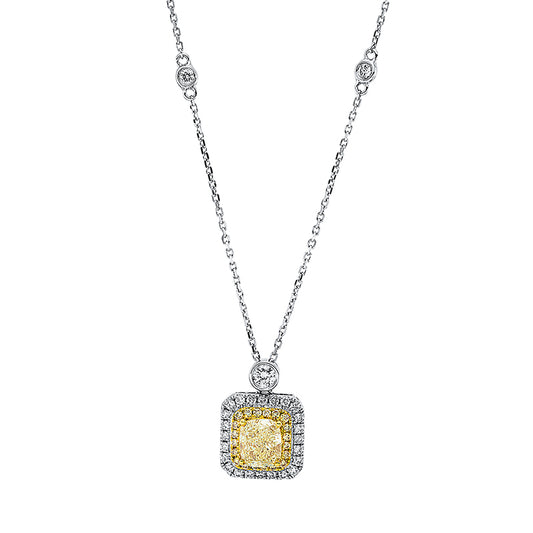 Collier 18 kt WG+GG, mit ZÖ 40 cm + 43 cm, 27 Brill. 0,32 ct, TW-si, 1 Cushion 1,09 ct, gelb, 20 Brill. 0,11 ct, gelb