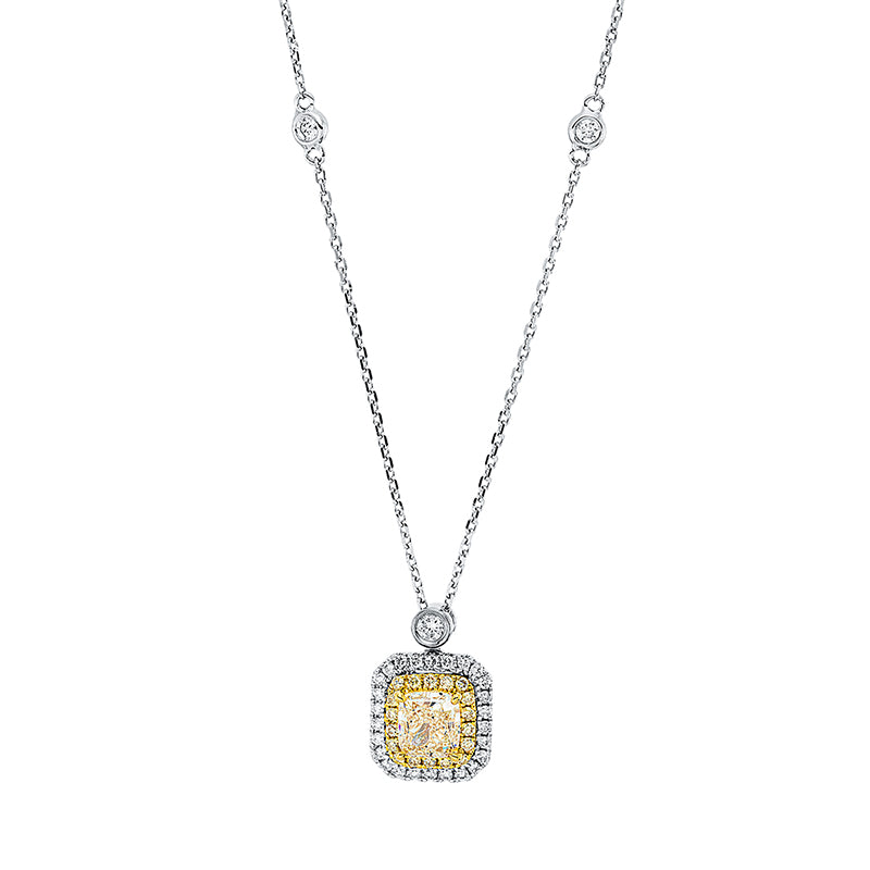 Collier 18 kt WG+GG, GIA6421181534, 1 Cushion 1,01 ct, gelb-vs2, 28 Brill. 0,19 ct, TW-si, 19 Brill. 0,15 ct, gelb