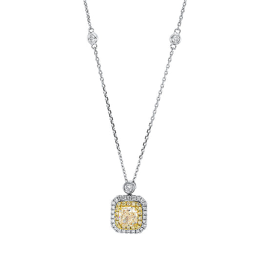 Collier 18 kt WG+GG, GIA6421181534, 1 Cushion 1,01 ct, gelb-vs2, 28 Brill. 0,19 ct, TW-si, 19 Brill. 0,15 ct, gelb