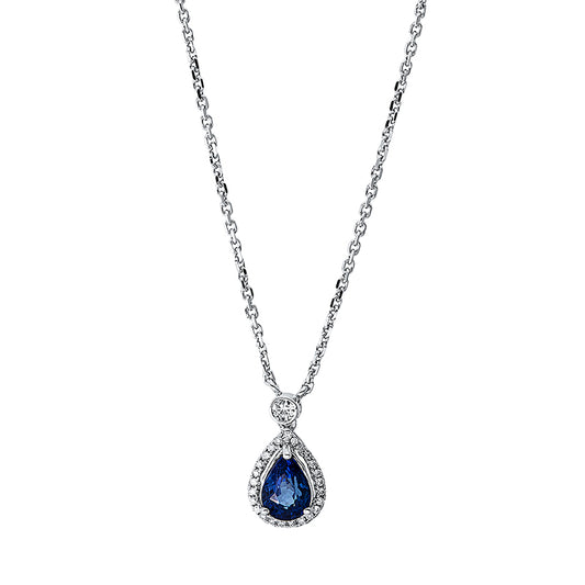 Collier 18 kt WG, 1 Brill. 0,04 ct, W-pi, 27 Brill. 0,13 ct, W-pi, 1 Saphir 1,02 ct blau