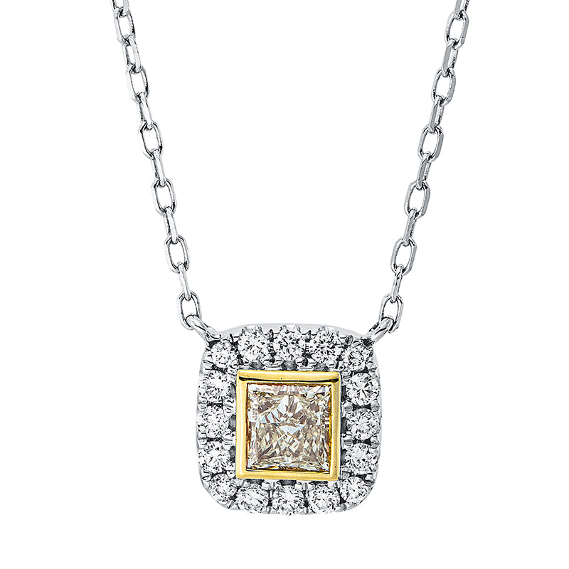 Collier 18 kt WG+GG, 4 Brill. 0,03 ct, TW-si, 1 Princ. 0,39 ct, gelb-vsi, 12 Brill. 0,16 ct, TW-si