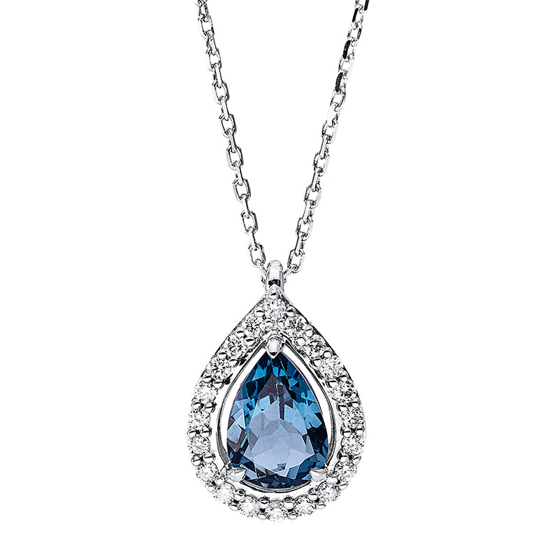 Collier 18 kt WG, mit ZÖ 40 cm + 42 cm, 20 Brill. 0,12 ct, TW-si, 1 Topas 0,85 ct Lond. blue