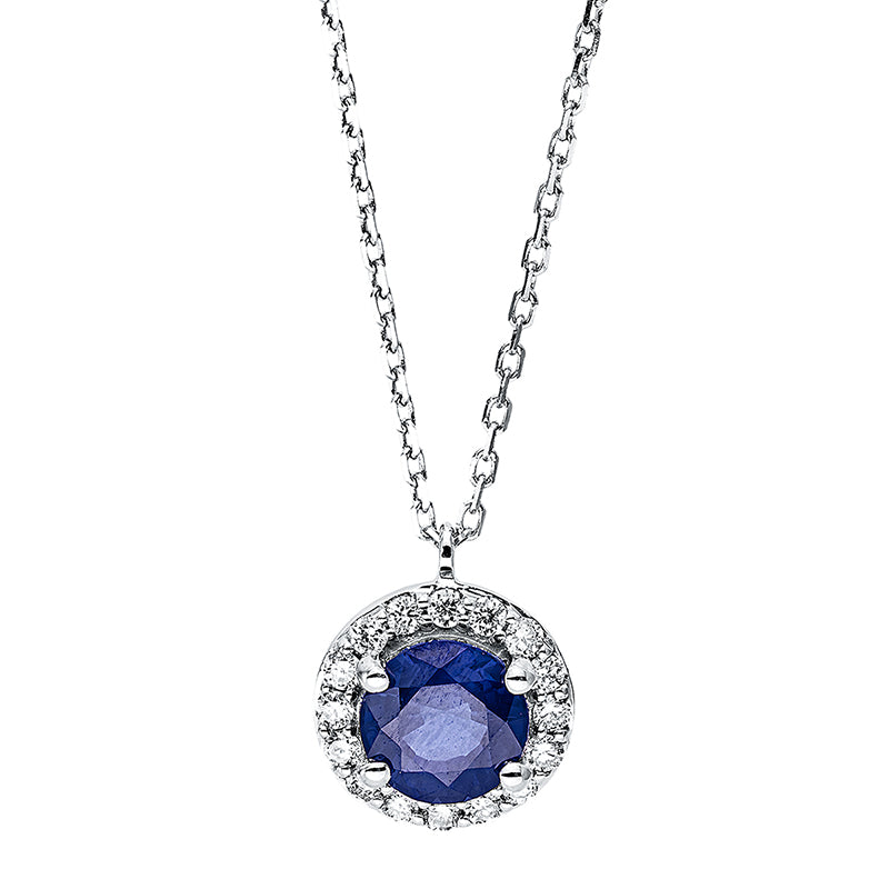 Collier 18 kt WG, mit ZÖ 40 cm + 42 cm, 16 Brill. 0,11 ct, TW-si, 1 Saphir 0,60 ct blau