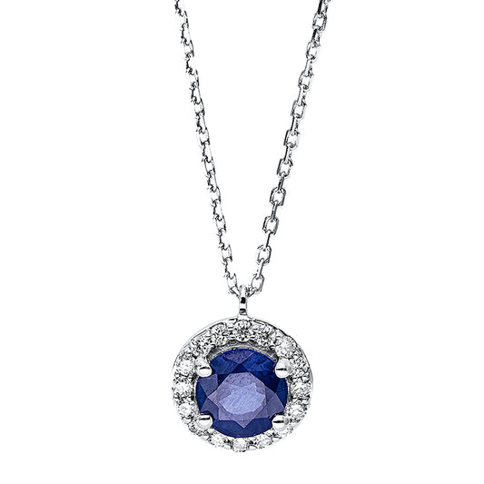 Collier 18 kt WG, mit ZÖ 40 cm + 42 cm, 16 Brill. 0,11 ct, TW-si, 1 Saphir 0,60 ct blau