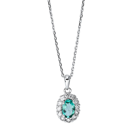 Collier 18 kt WG, mit ZÖ 40 cm + 42 cm, 6 Brill. 0,14 ct, TW-si, 6 Brill. 0,11 ct, TW-si, 1 Smaragd 0,40 ct grün